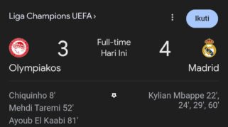 Real Madrid Berhasil Membawa Pulang Tiga Poin Penting Dari Markas Olympiakos Setelah Menang Dramatis 4–3 Pada Laga Liga Champions Uefa.